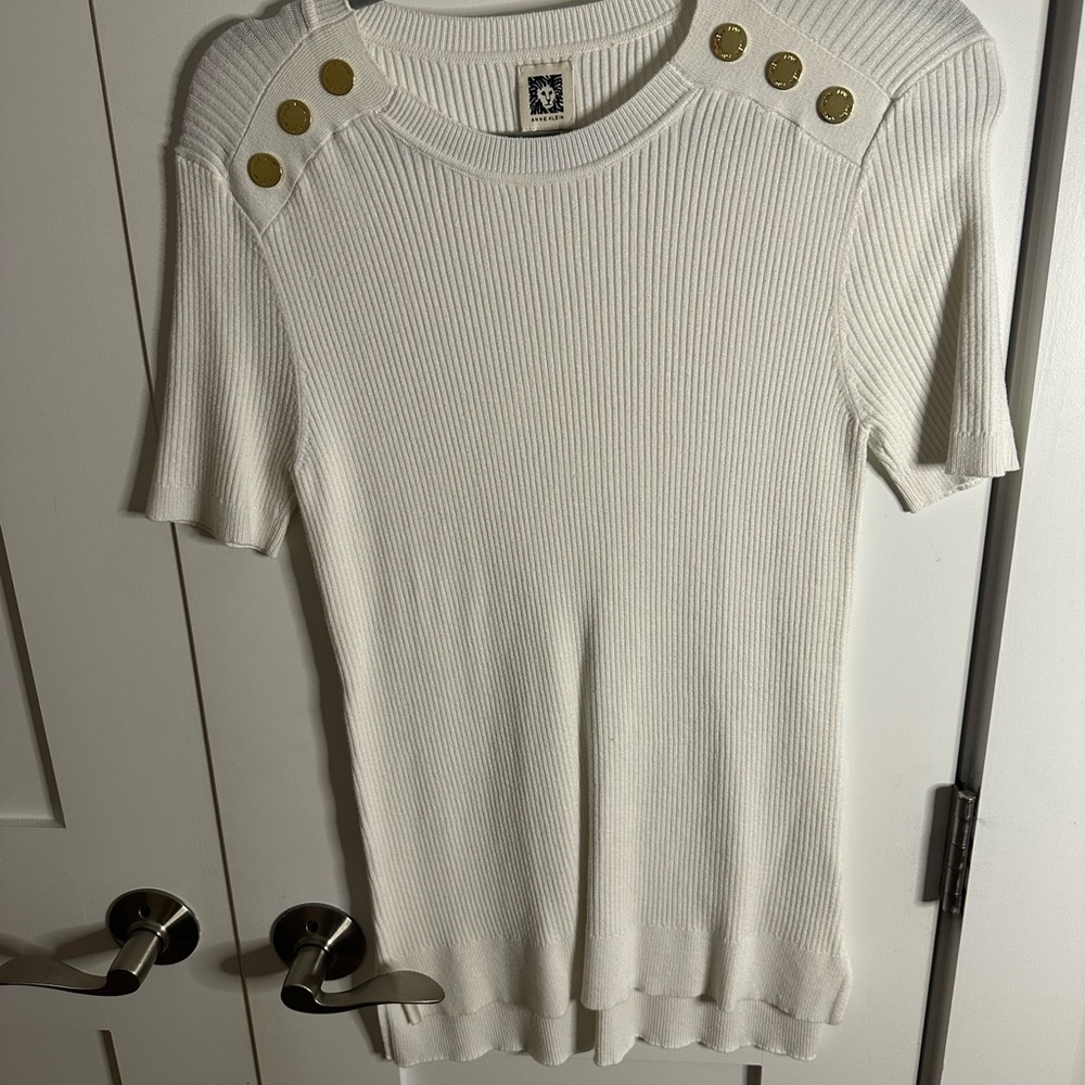 Anne Klein White Ribbed Knit Top with Gold Button Accents